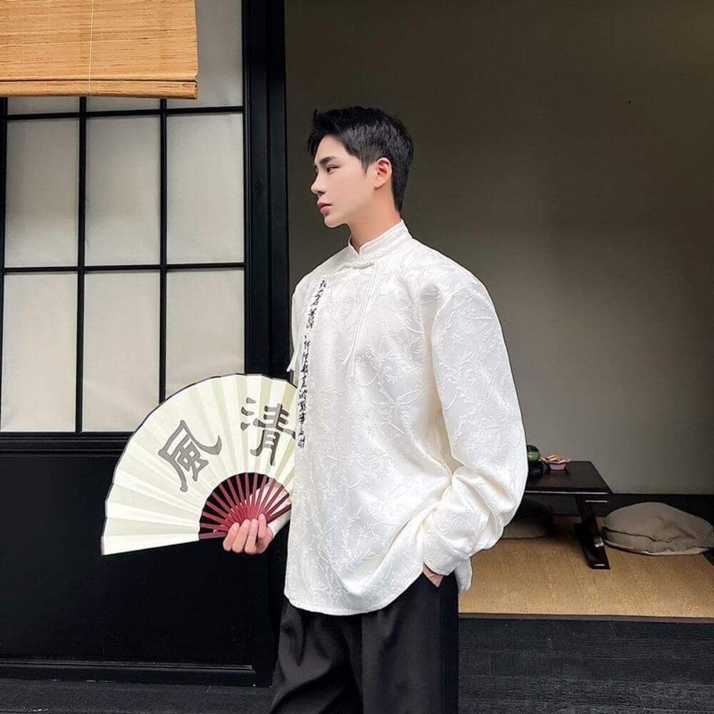 チャイナ服 書道柄スタンドカラーシャツ メンズチャイナ