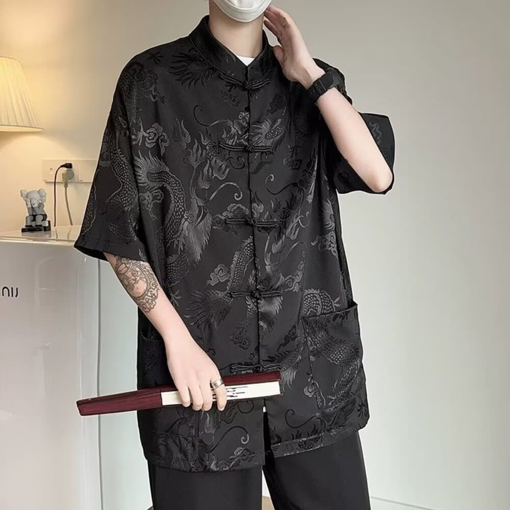 龍刺繍光沢立襟半袖チャイナシャツ