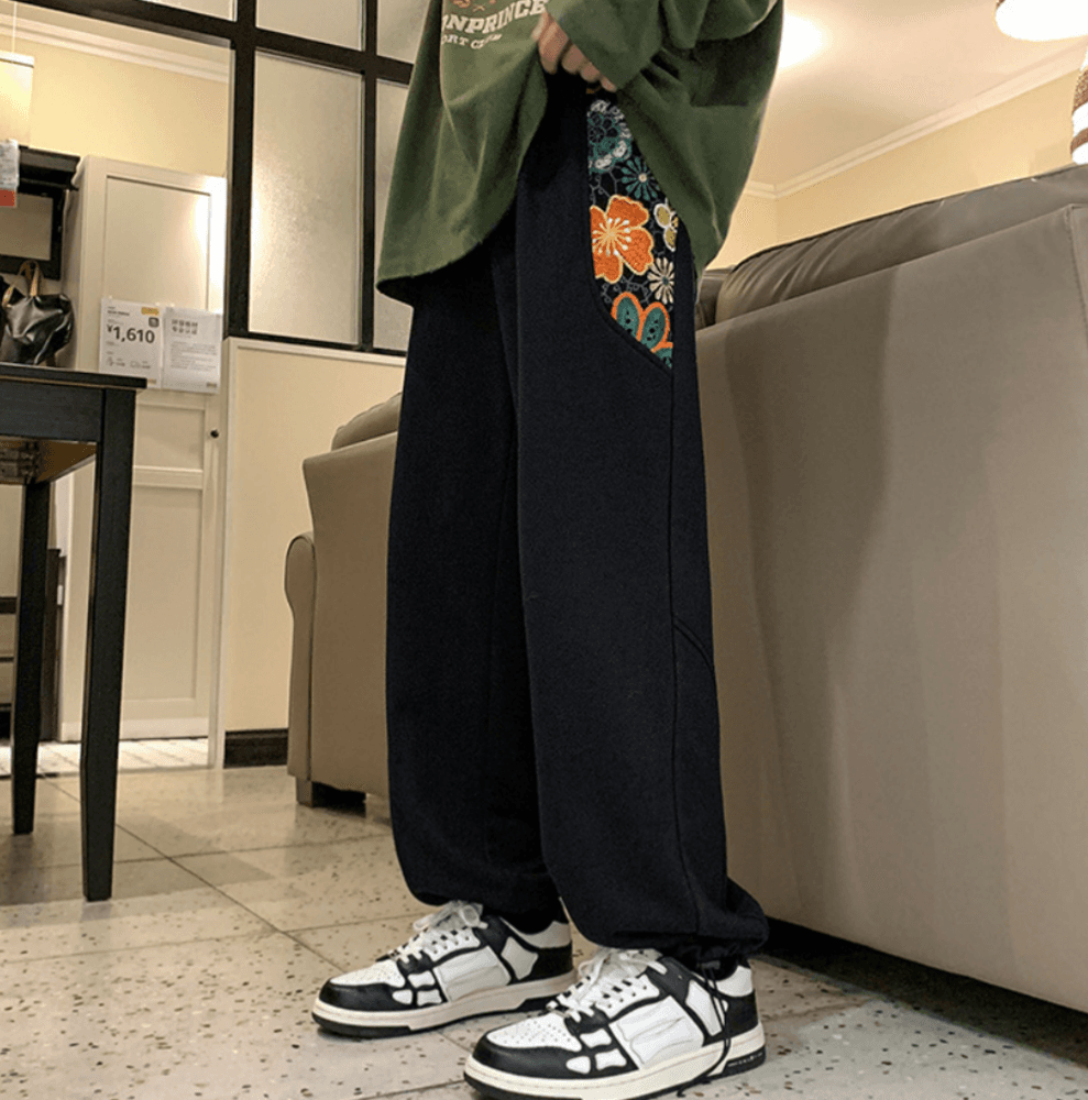 チャイナ服 花柄刺繍 スウェットパンツ メンズチャイナ