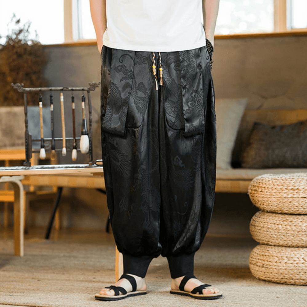 龍柄刺繍入りチャイナ風サルエルパンツ
