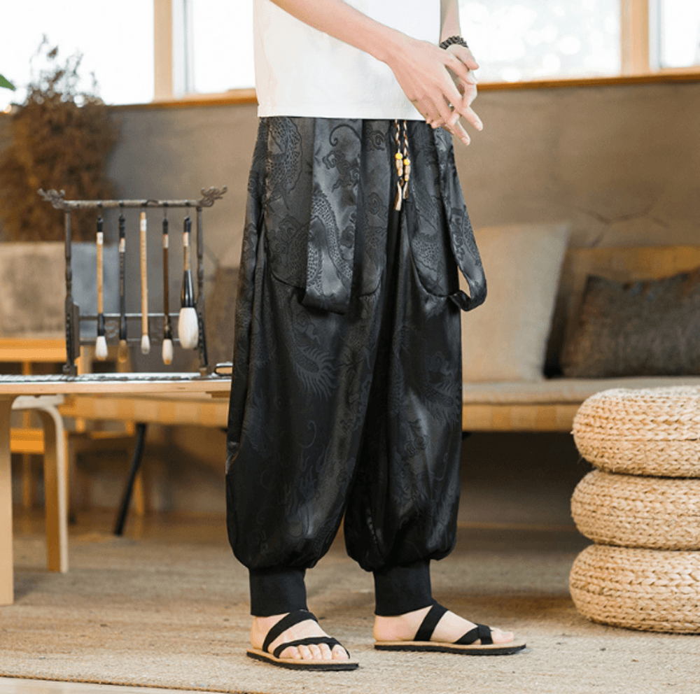 龍柄刺繍入りチャイナ風サルエルパンツ