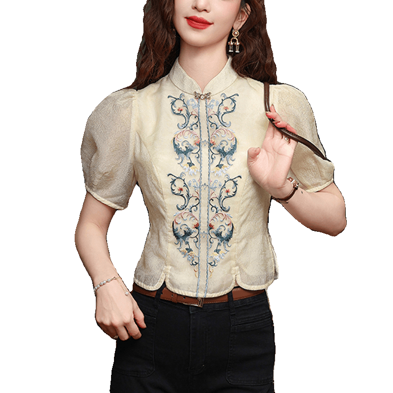 チャイナ服 刺繍 パフ スリーブ ブラウス