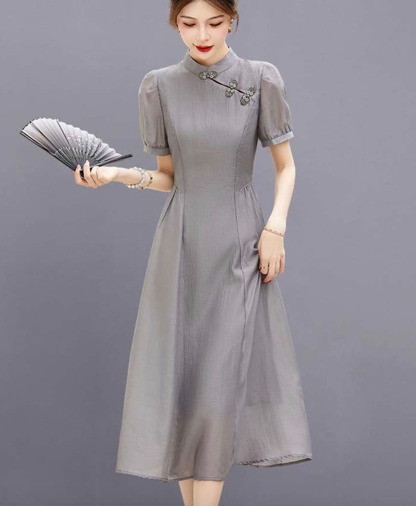 チャイナ服 パフ スリーブ シンプル ワンピース