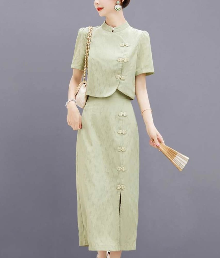 チャイナ服 グリーン レース セットアップ ワンピース