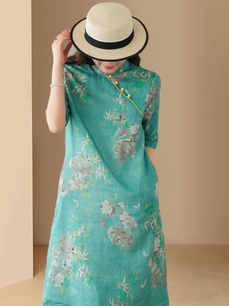 チャイナ服 涼しげフェミニン 花柄ミモレ丈チャイナワンピ
