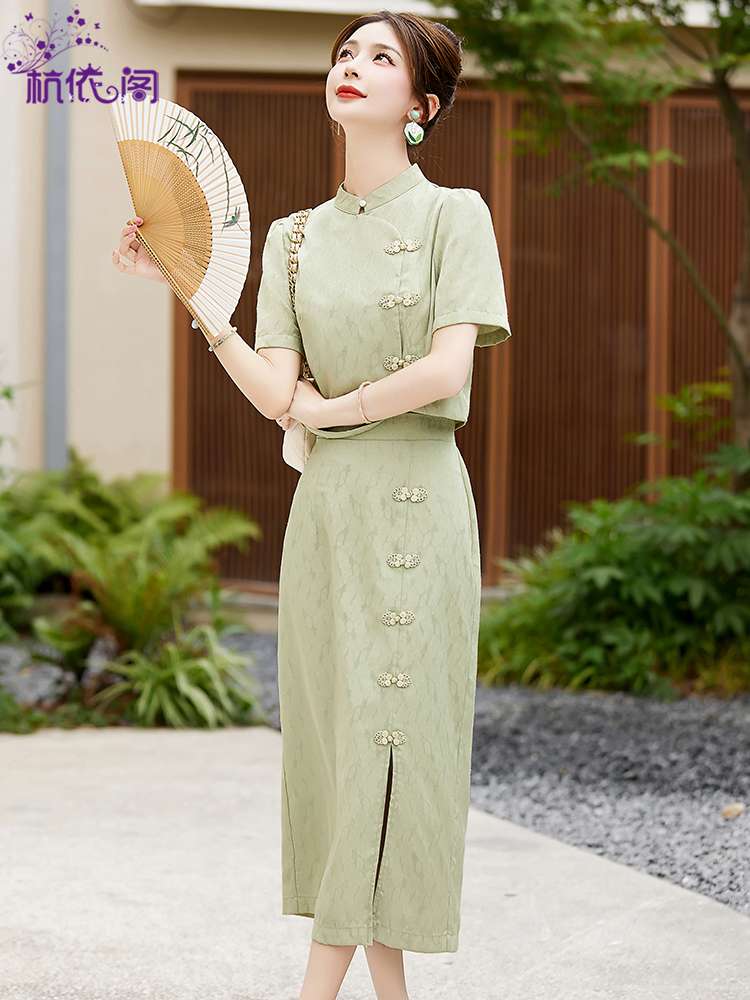 チャイナ服 グリーン レース セットアップ ワンピース