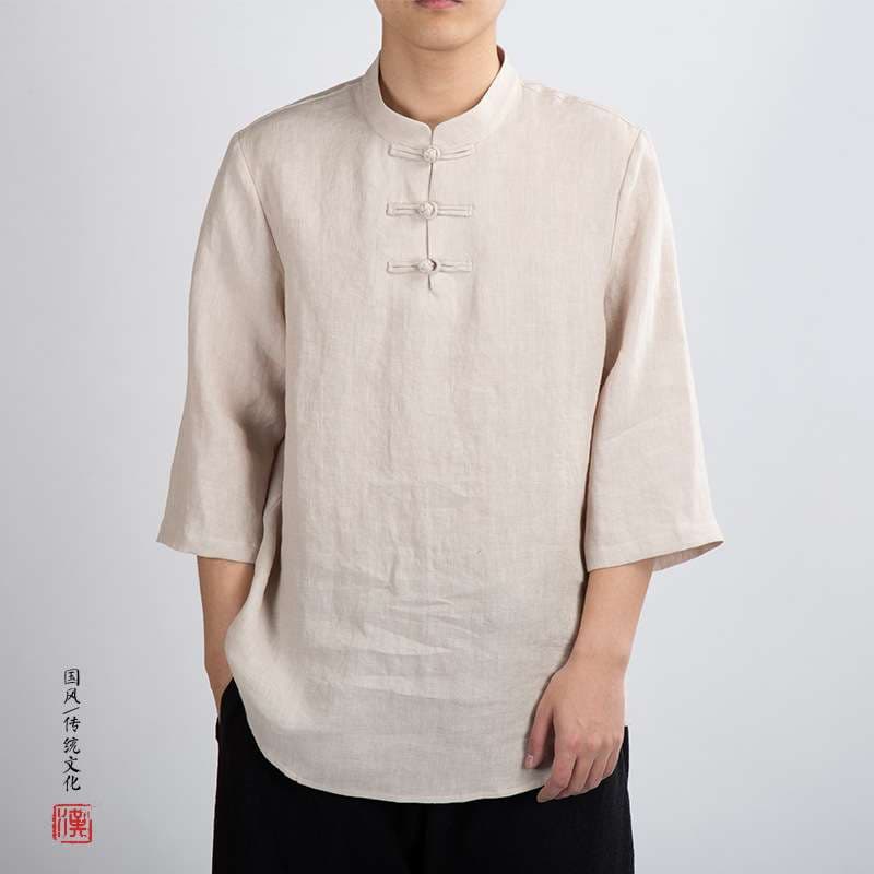 チャイナ服 リネンブレンド チャイナボタン シンプル シャツ