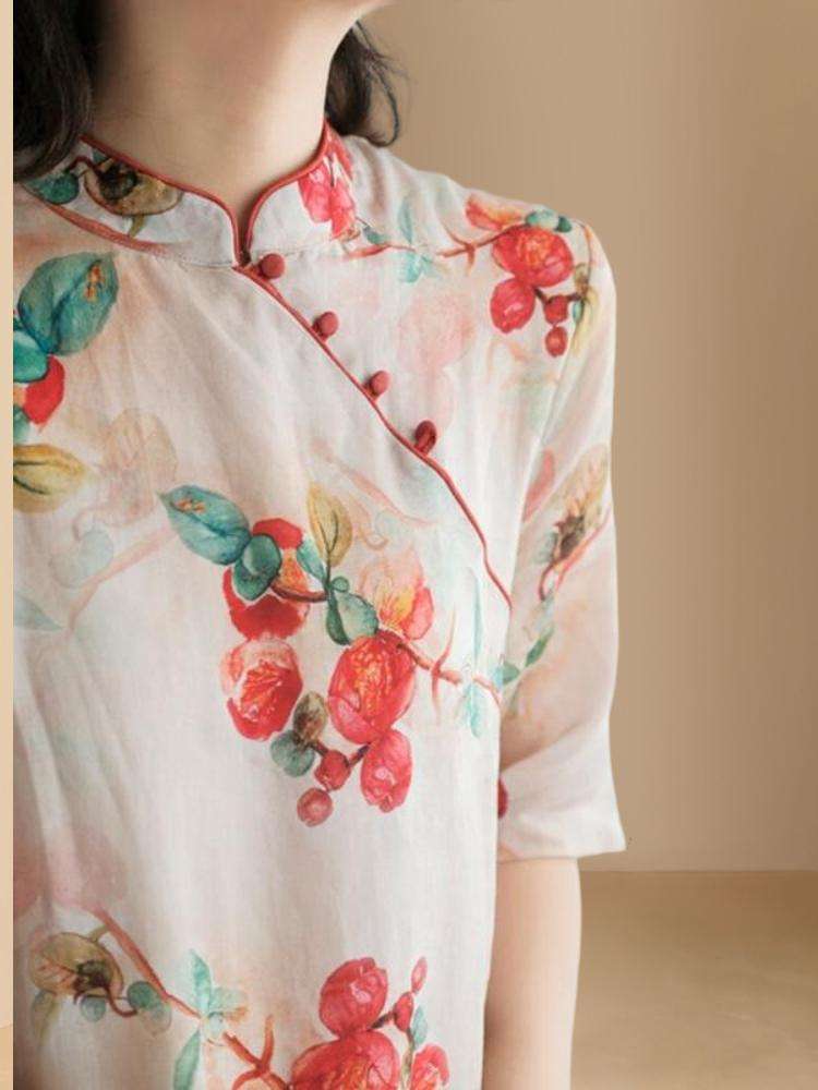チャイナ服 涼しげフェミニン 花柄ミモレ丈チャイナワンピ