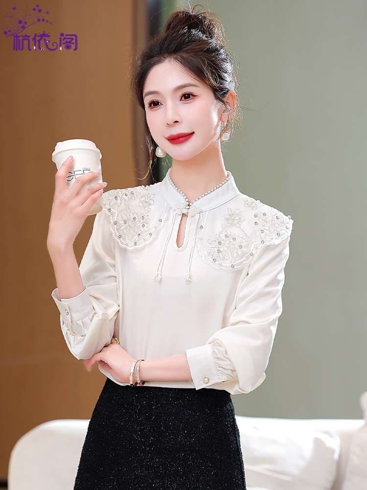 チャイナ服 襟付き ビジュー ブラウス