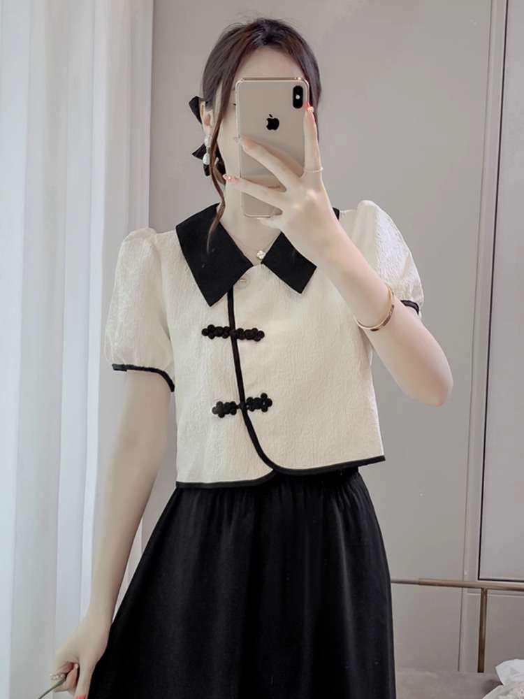 チャイナ服 襟付き モノトーン シンプル ブラウス