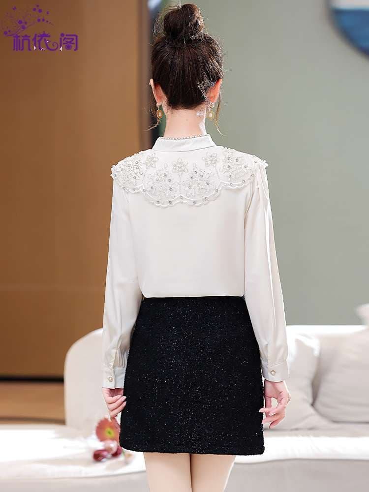 チャイナ服 襟付き ビジュー ブラウス