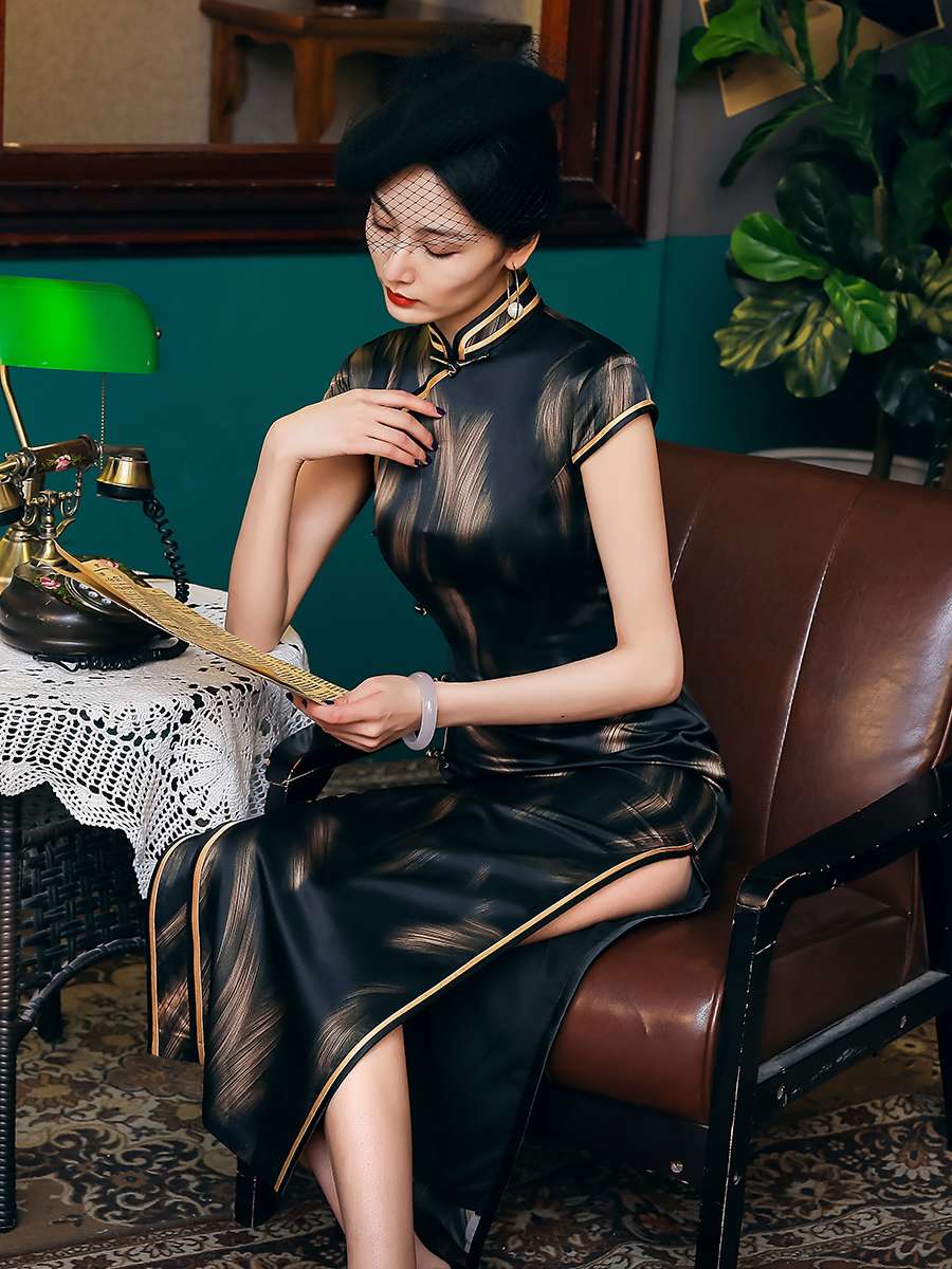 チャイナ服 セクシー ブラック ゴールド ドレス