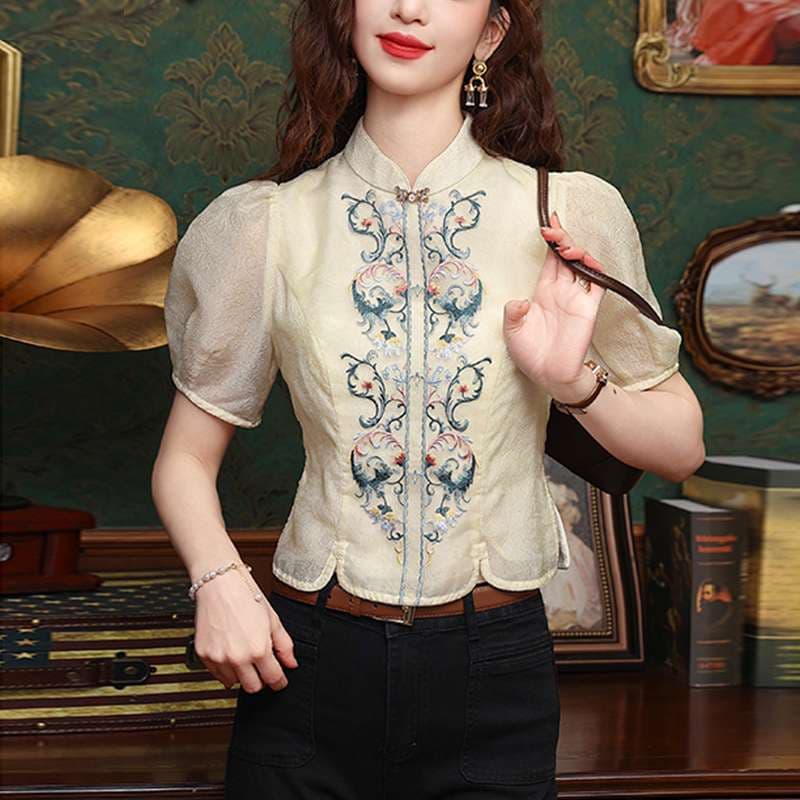 チャイナ服 刺繍 パフ スリーブ ブラウス