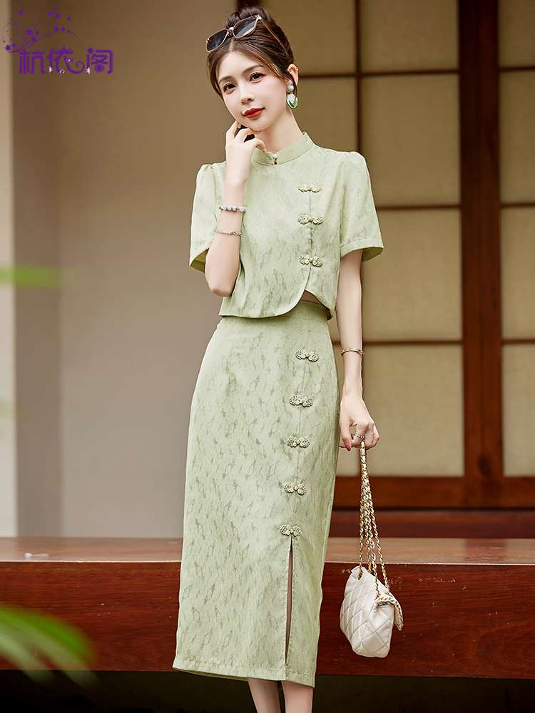 チャイナ服 グリーン レース セットアップ ワンピース