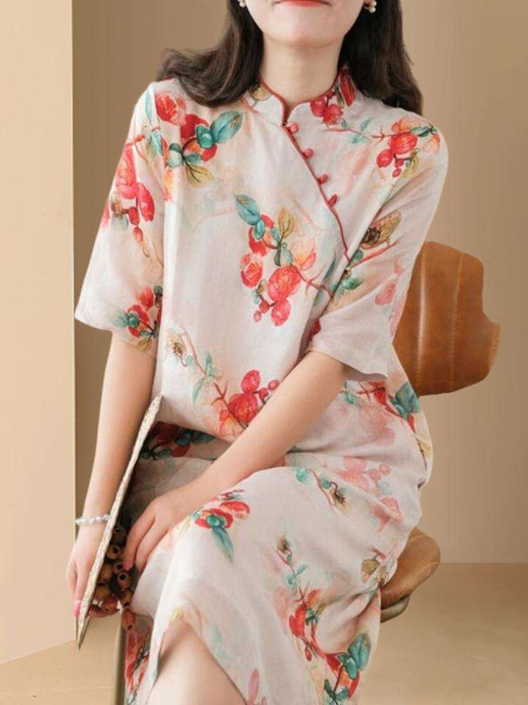 チャイナ服 涼しげフェミニン 花柄ミモレ丈チャイナワンピ