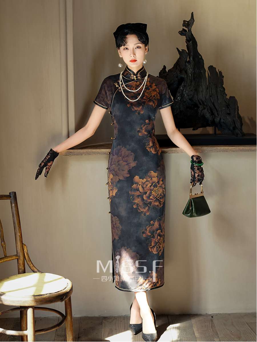 チャイナ服 フラワー シック ブラック ドレス