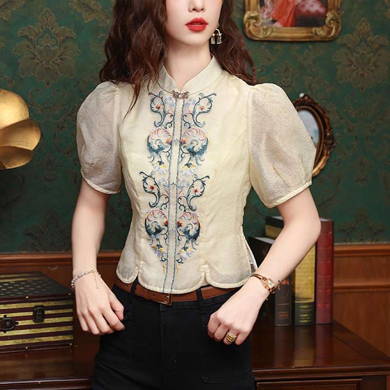 チャイナ服 刺繍 パフ スリーブ ブラウス