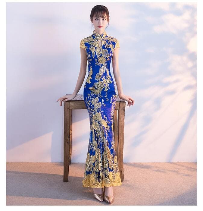 鳳凰刺繍マーメイドロング丈チャイナ服ドレス