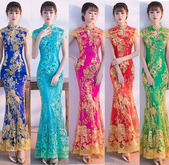 鳳凰刺繍マーメイドロング丈チャイナ服ドレス