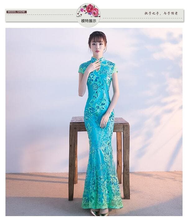 鳳凰刺繍マーメイドロング丈チャイナ服ドレス