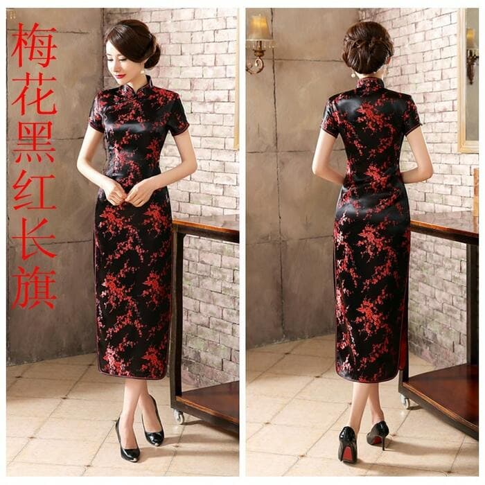 華やか梅花柄光沢ロング丈チャイナ服ドレス