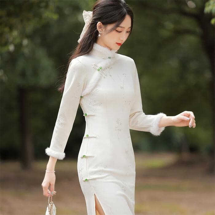 ファー付き刺繍入り冬物チャイナ服ロングドレス