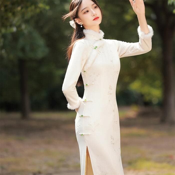 ファー付き刺繍入り冬物チャイナ服ロングドレス
