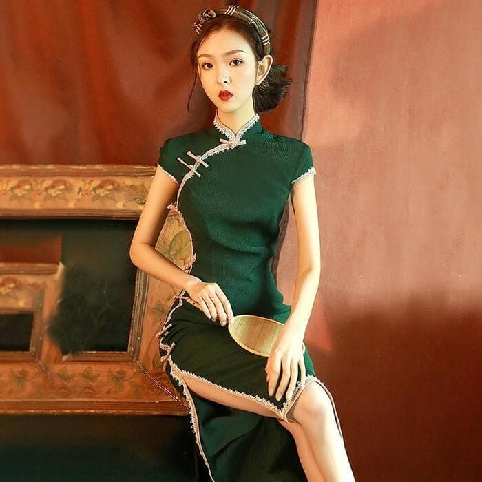 チャイナ服 深緑無地のチャイナドレス