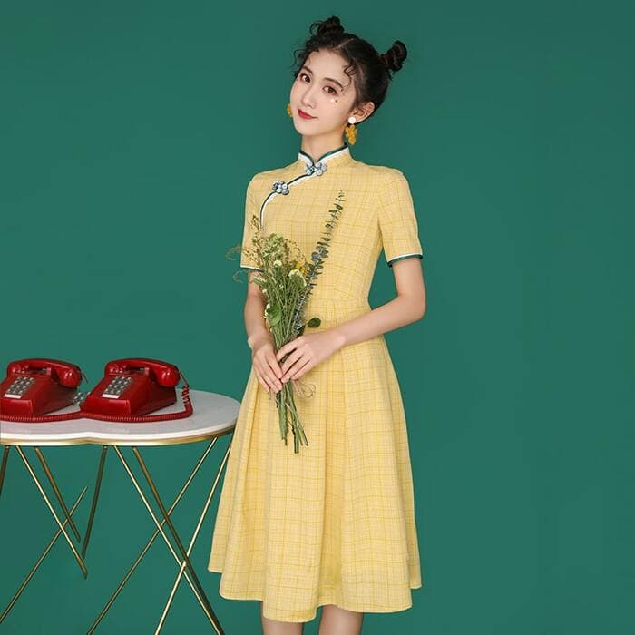 チャイナ服 Aライン 格子縞 チャイナワンピース