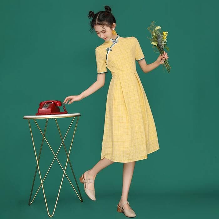 チャイナ服 Aライン 格子縞 チャイナワンピース