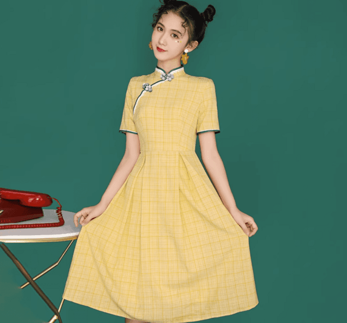 チャイナ服 Aライン 格子縞 チャイナワンピース