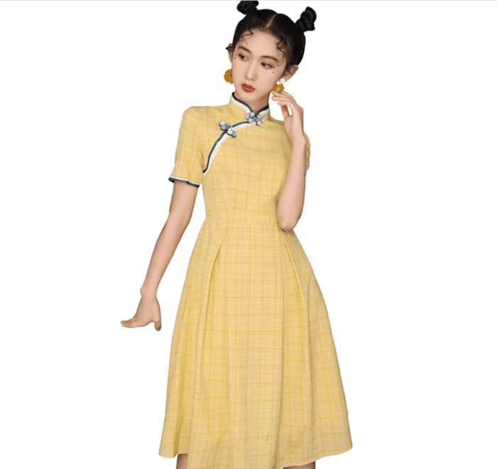 チャイナ服 Aライン 格子縞 チャイナワンピース