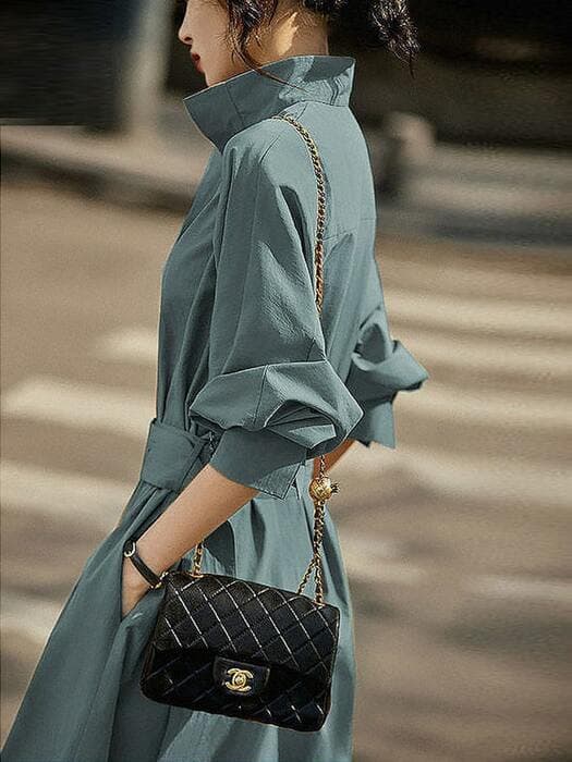 チャイナ服 レースアップカラー 長袖 シャツドレス ルーズスリム ミッドレングススカート