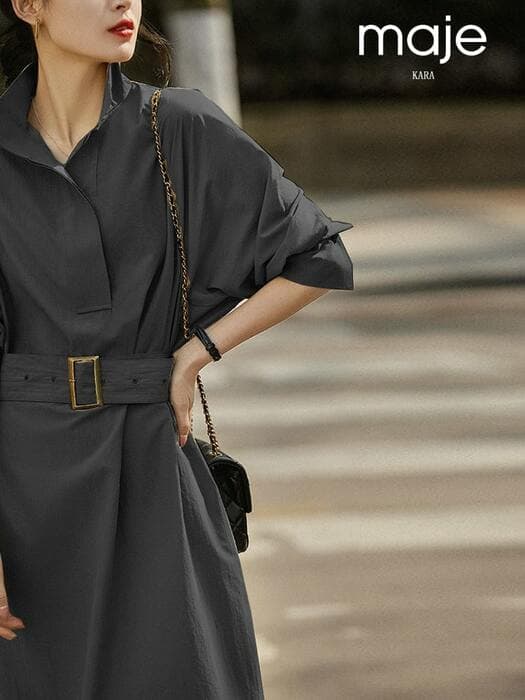 チャイナ服 レースアップカラー 長袖 シャツドレス ルーズスリム ミッドレングススカート