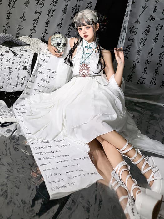 中華ロリータ 双子コーデ アシンメトリーワンピース ホワイト