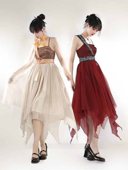 中華ロリータ 仙女風サマーワンピース キャメル