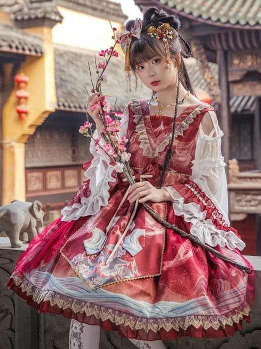 中華ロリータ フレアスカートフリルチャイナミニワンピース