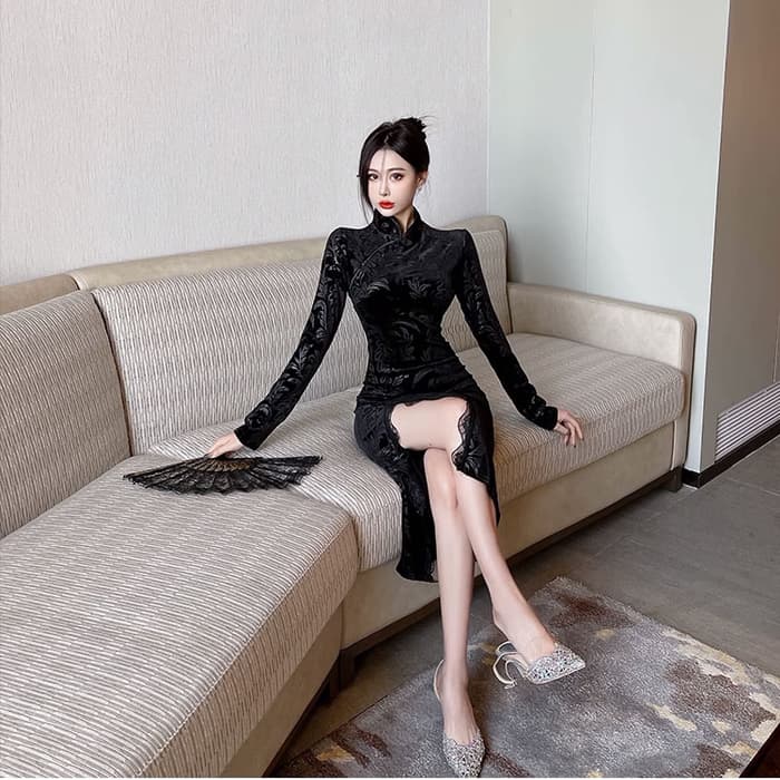 チャイナ服 ボタン付きレースチャイナドレス