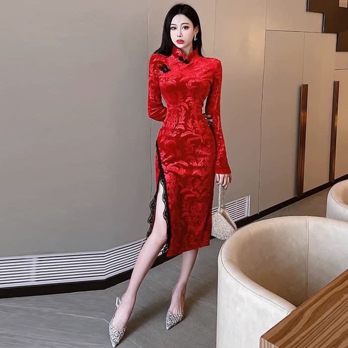 チャイナ服 ボタン付きレースチャイナドレス
