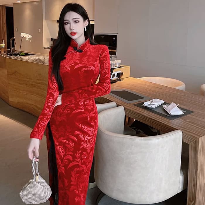 チャイナ服 ボタン付きレースチャイナドレス