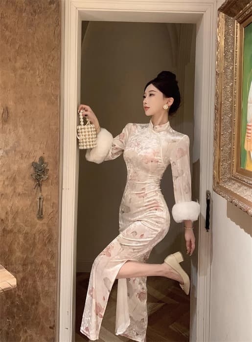 チャイナ服 フラワー ベルベットチャイナドレス