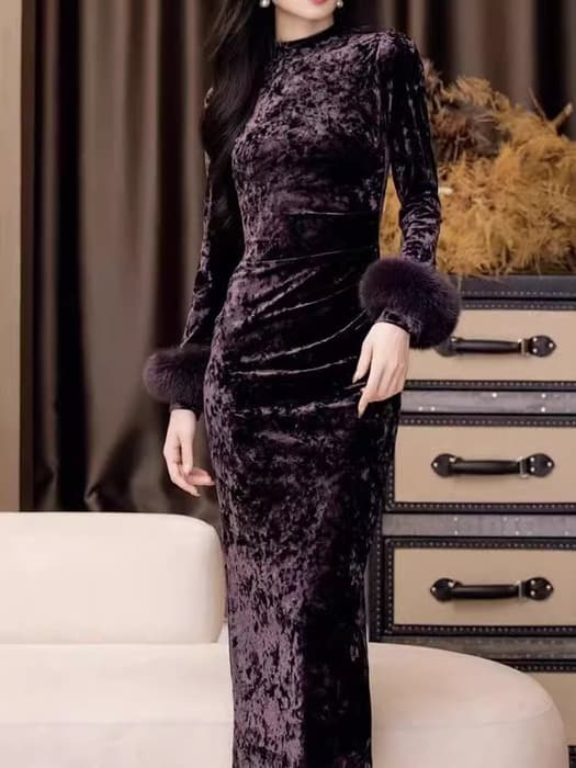 チャイナ服 ダークパープルカラー ベルベットチャイナドレス