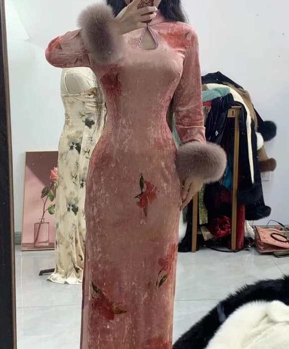 チャイナ服 ピンク ベルベット チャイナドレス