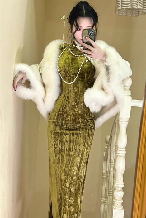 チャイナ服 ライトグリーン ベルベット チャイナドレス