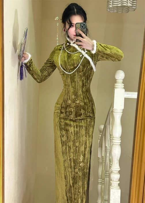 チャイナ服 ライトグリーン ベルベット チャイナドレス