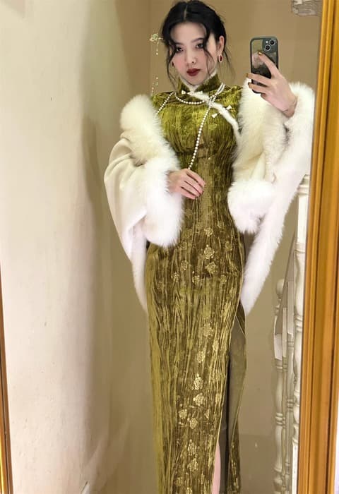 チャイナ服 ライトグリーン ベルベット チャイナドレス