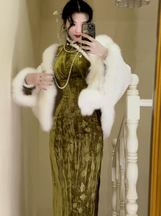 チャイナ服 ライトグリーン ベルベット チャイナドレス