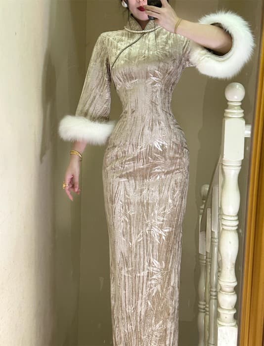 チャイナ服 スリーブ ファー ゴージャス チャイナドレス