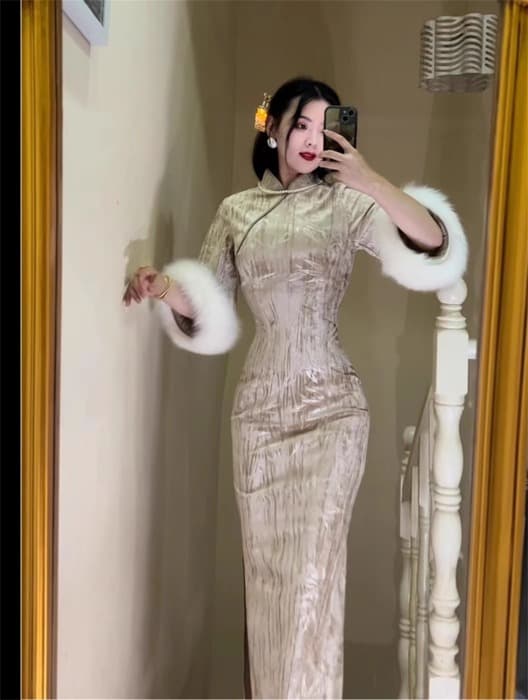 チャイナ服 スリーブ ファー ゴージャス チャイナドレス