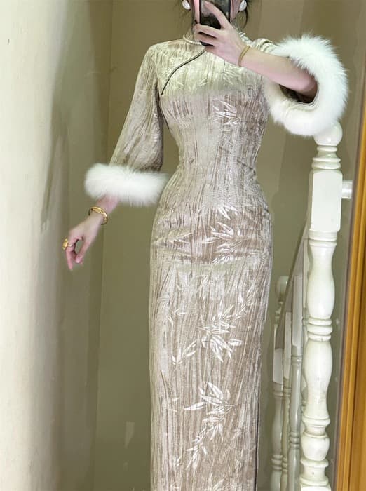 チャイナ服 スリーブ ファー ゴージャス チャイナドレス
